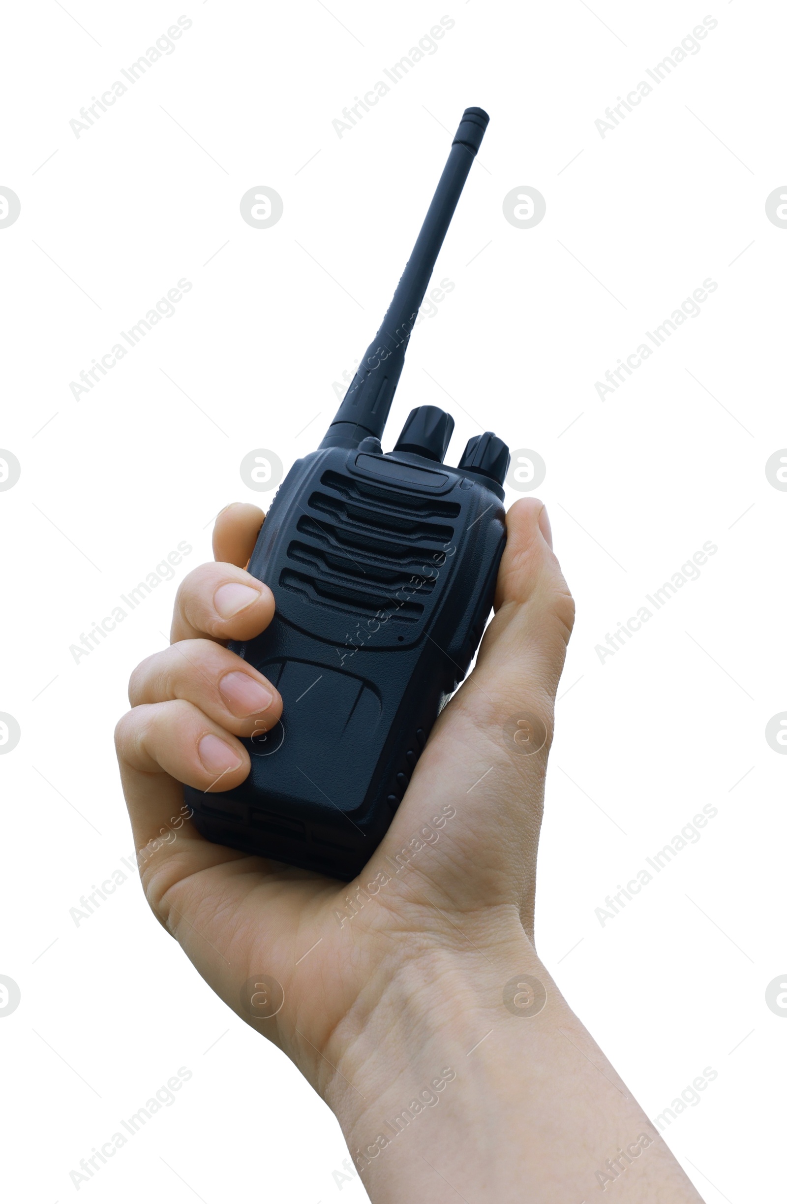 Photo of Woman with walkie talkie against sky, closeup. Space for text