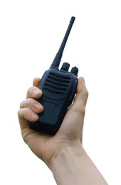 Photo of Woman with walkie talkie against sky, closeup. Space for text