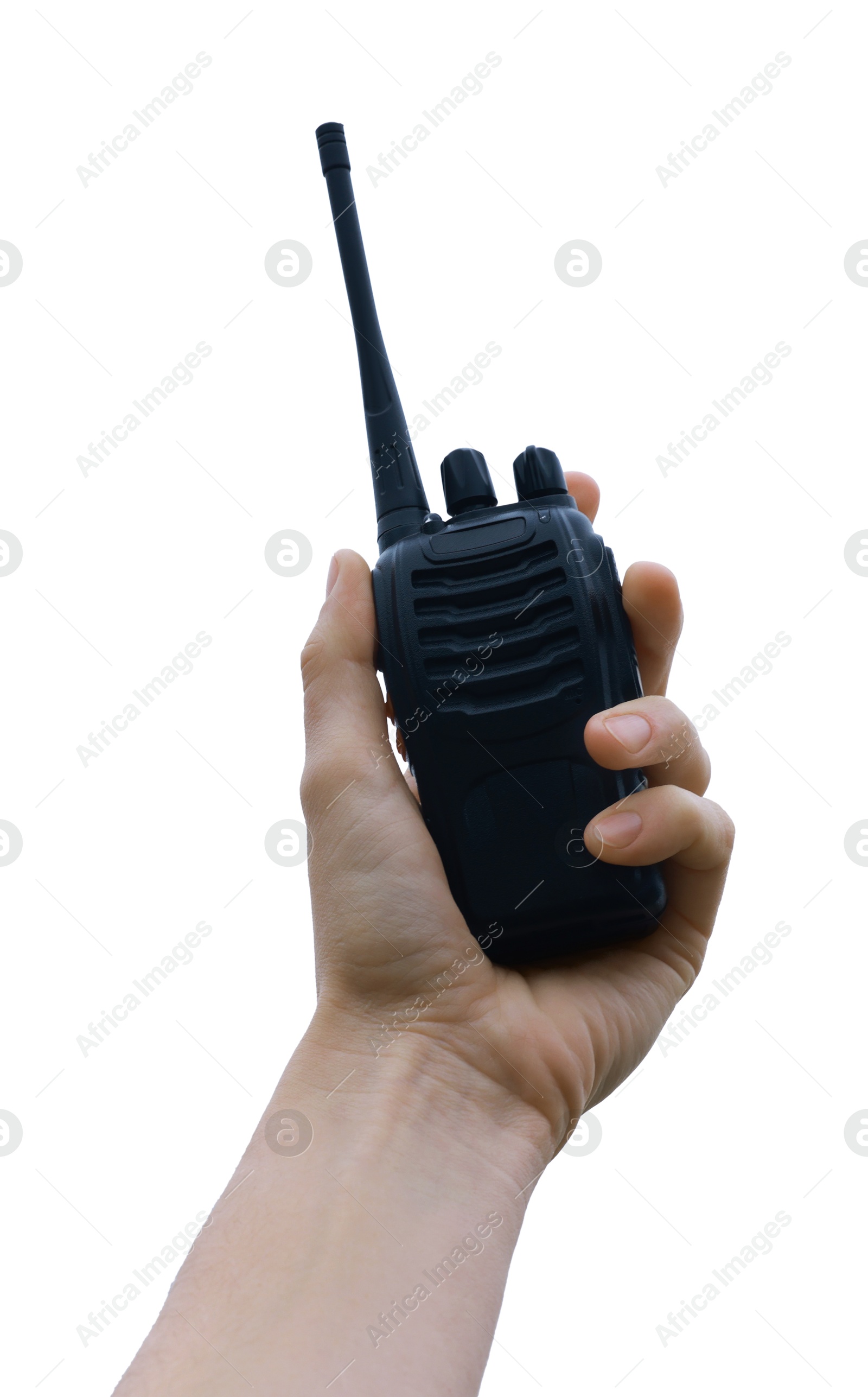 Photo of Woman with walkie talkie against sky, closeup