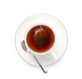 Photo of Tea bag in cup with hot drink isolated on white, top view