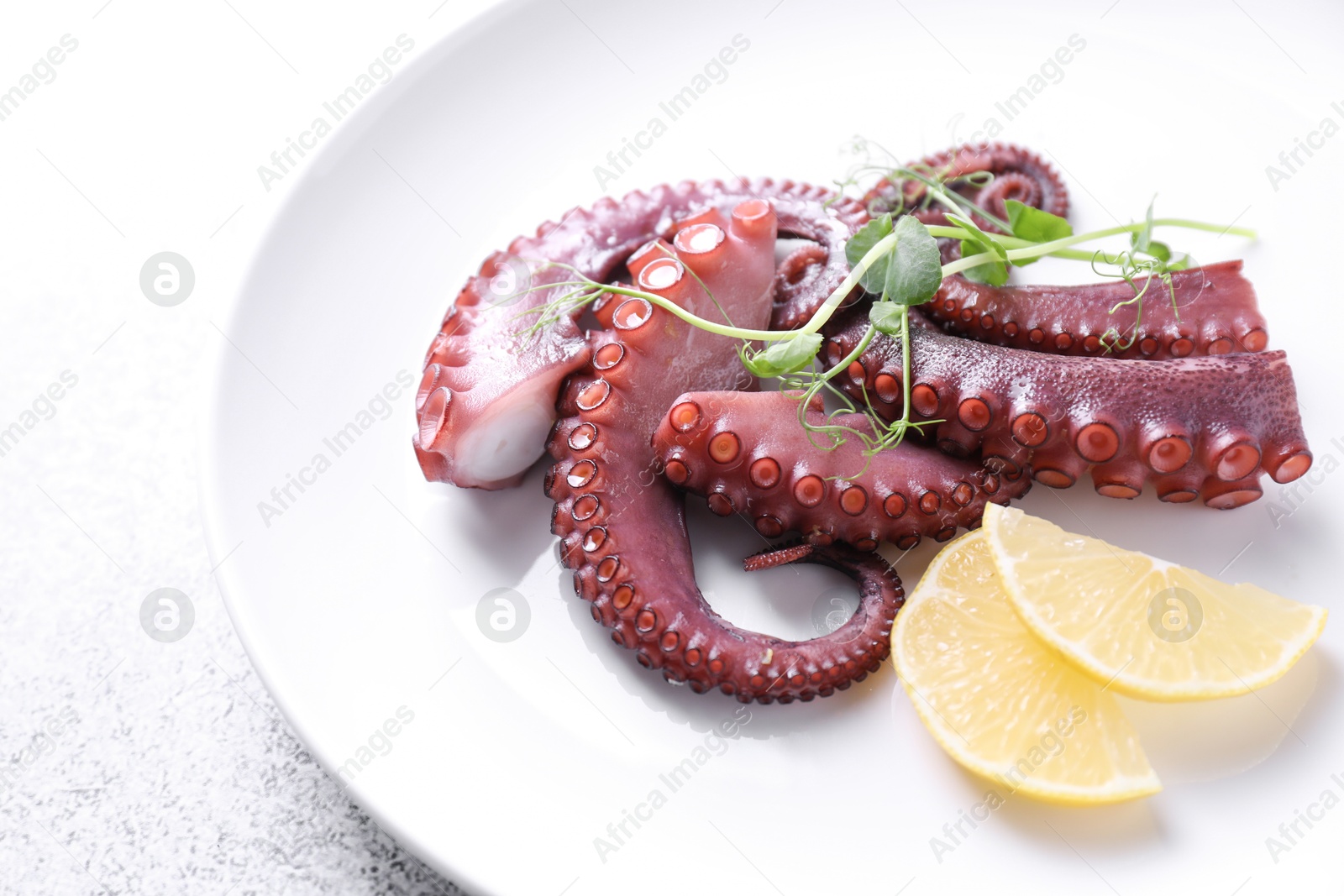 Photo of Appetizing octopus tentacles on grey table, closeup