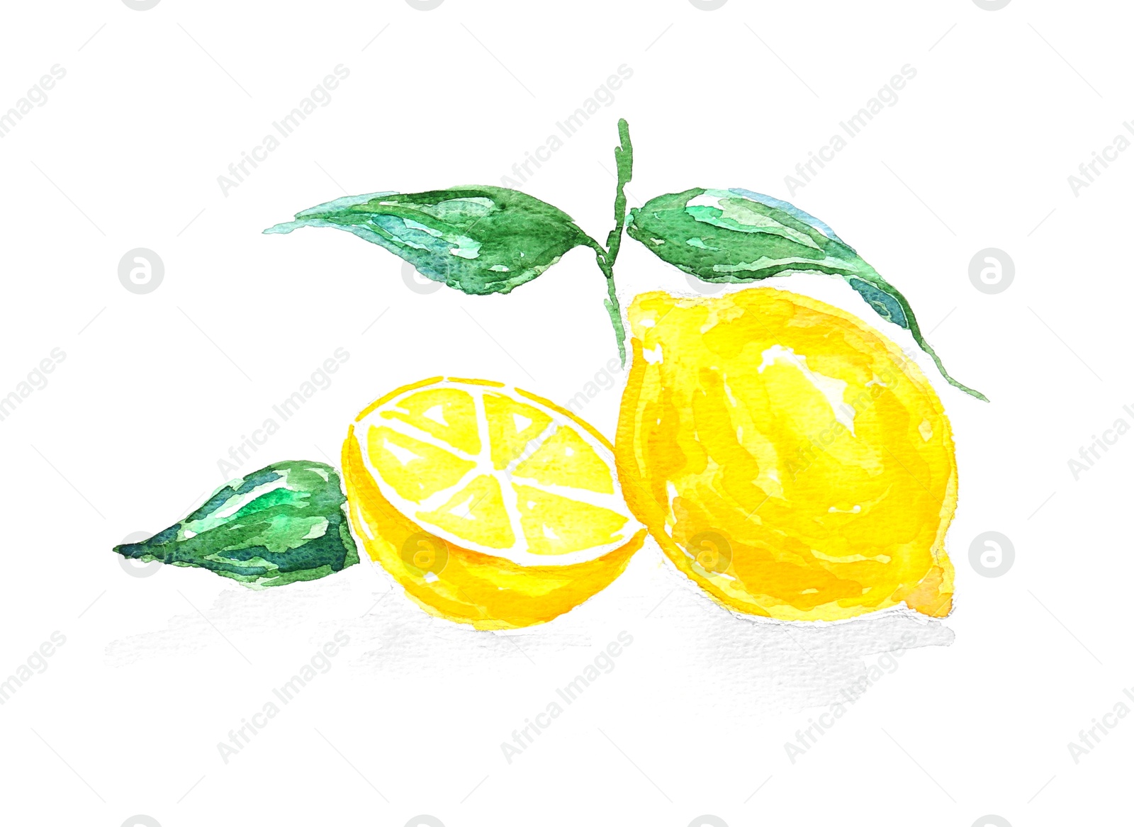 Photo of Watercolor painting of lemons and green leaves isolated on white, top view