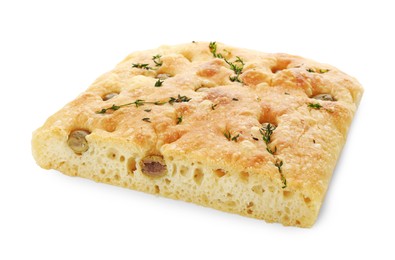 Photo of Piece of delicious focaccia bread with olives and thyme isolated on white