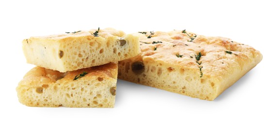 Photo of Pieces of delicious focaccia bread with olives and thyme isolated on white