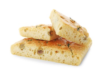 Photo of Pieces of delicious focaccia bread with olives and thyme isolated on white