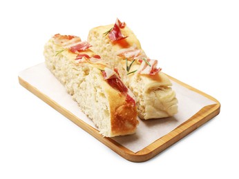 Photo of Slices of delicious focaccia bread with bacon and rosemary isolated on white