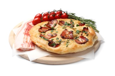 Photo of Delicious focaccia bread with bacon, parsley, tomatoes and rosemary isolated on white