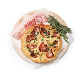 Photo of Delicious focaccia bread with bacon, parsley and rosemary isolated on white, top view