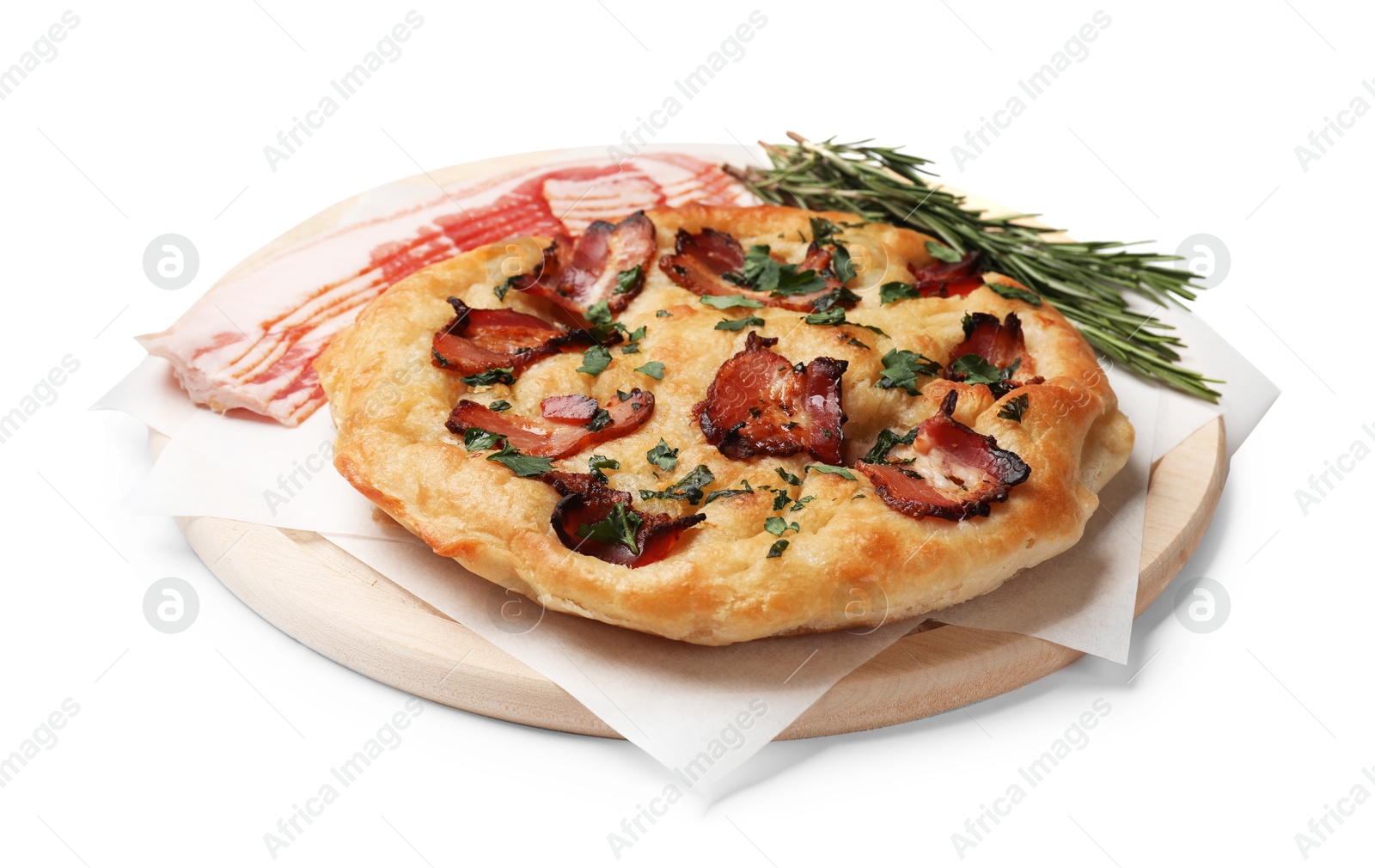 Photo of Delicious focaccia bread with bacon, parsley and rosemary isolated on white