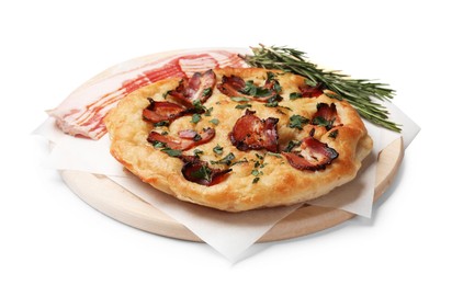 Photo of Delicious focaccia bread with bacon, parsley and rosemary isolated on white