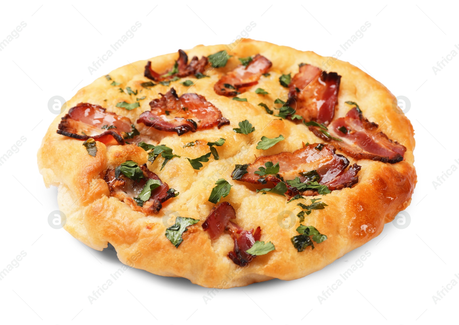 Photo of Delicious focaccia bread with bacon and parsley isolated on white