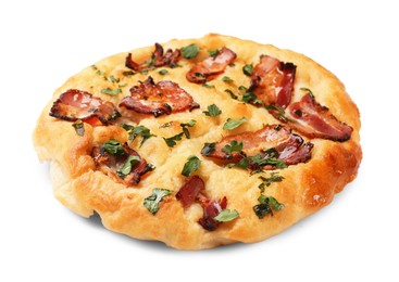 Photo of Delicious focaccia bread with bacon and parsley isolated on white