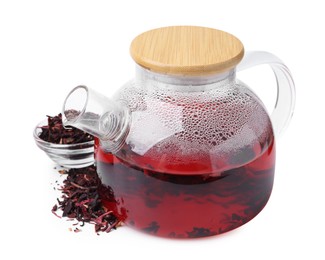 Photo of Tasty hibiscus tea in teapot isolated on white