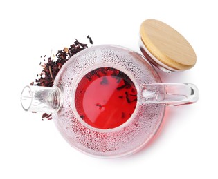 Photo of Tasty hibiscus tea in glass cup isolated on white, top view