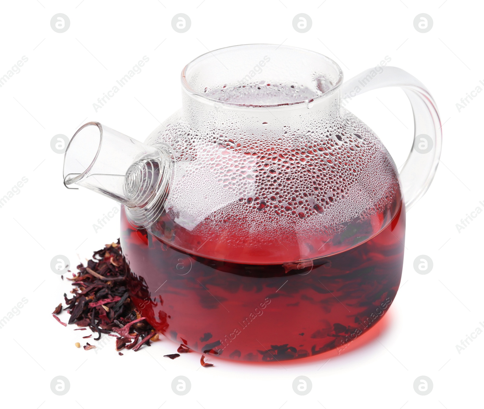 Photo of Tasty hibiscus tea in teapot isolated on white