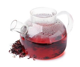 Photo of Tasty hibiscus tea in teapot isolated on white