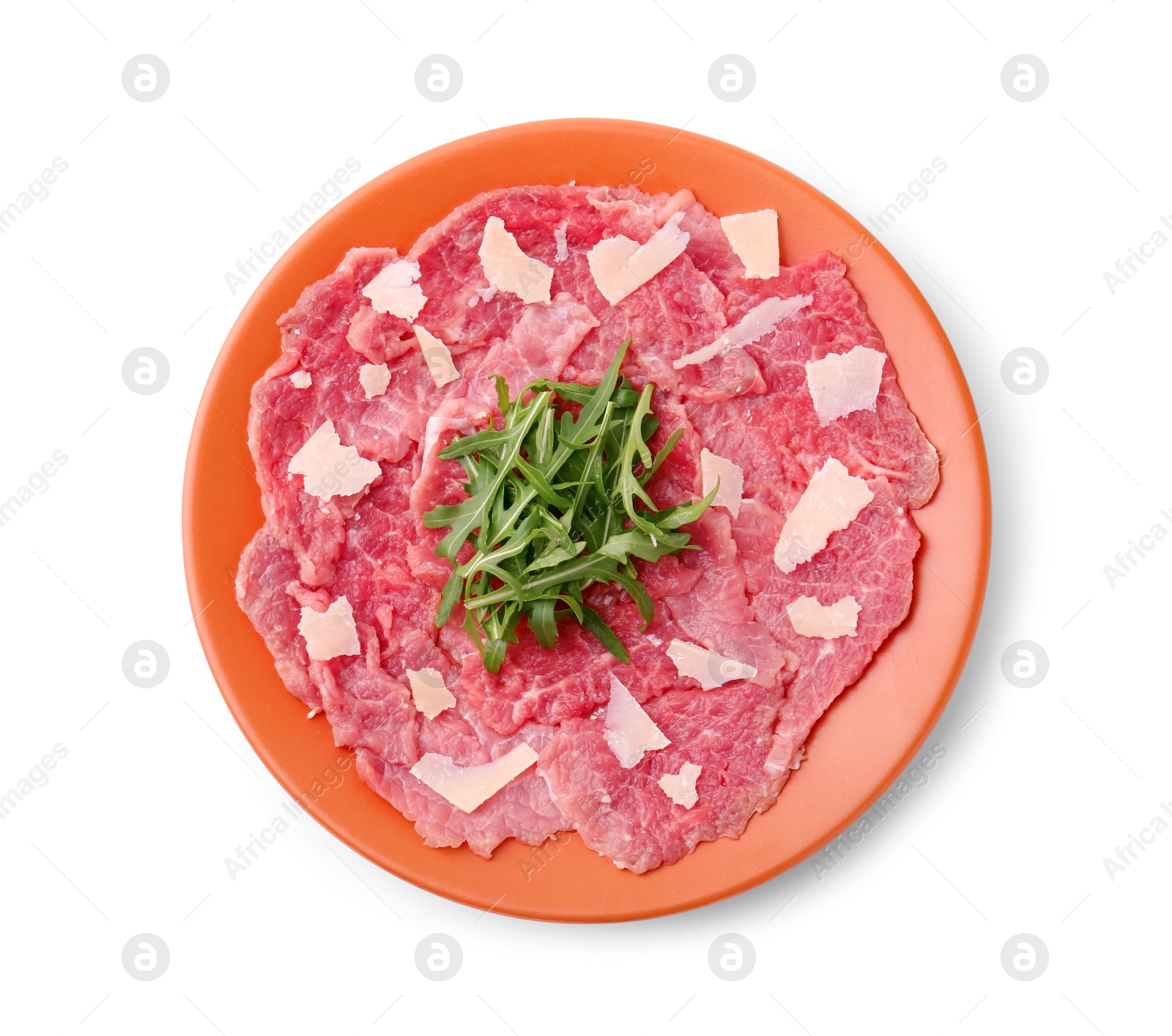 Photo of Fresh beef carpaccio with arugula and cheese isolated white, top view