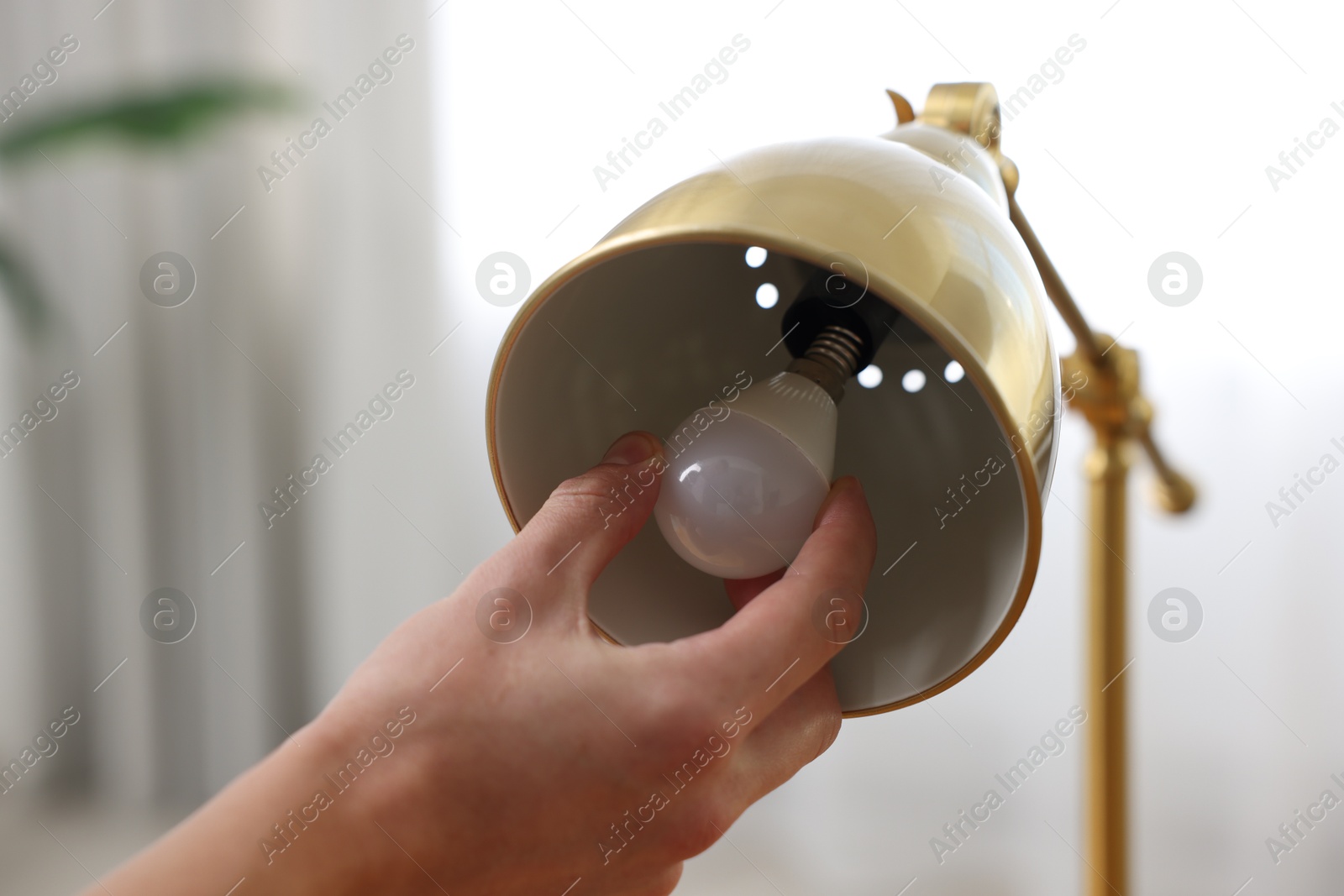 Photo of Man changing light bulb in lamp at home, closeup