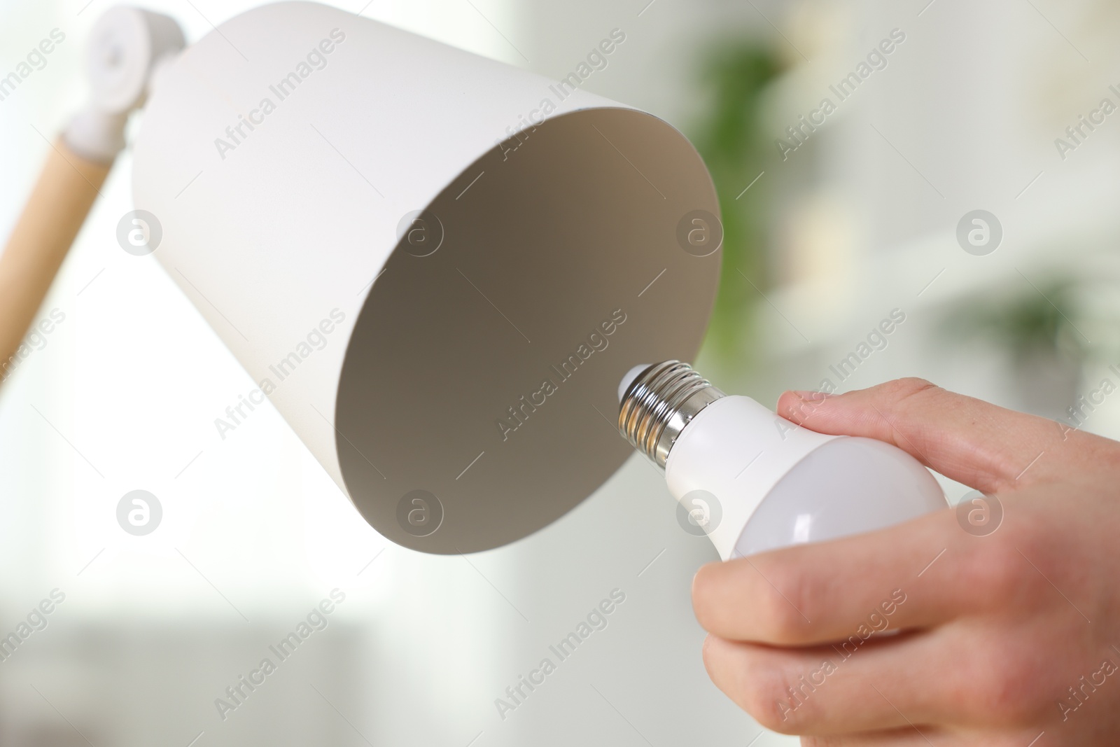 Photo of Man changing light bulb in lamp at home, closeup