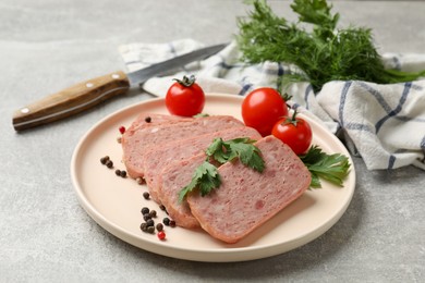 Pieces of tasty canned meat, parsley, peppercorns and tomatoes on grey textured table, closeup