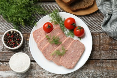 Photo of Tasty canned meat, tomatoes and spices on wooden table, flat lay