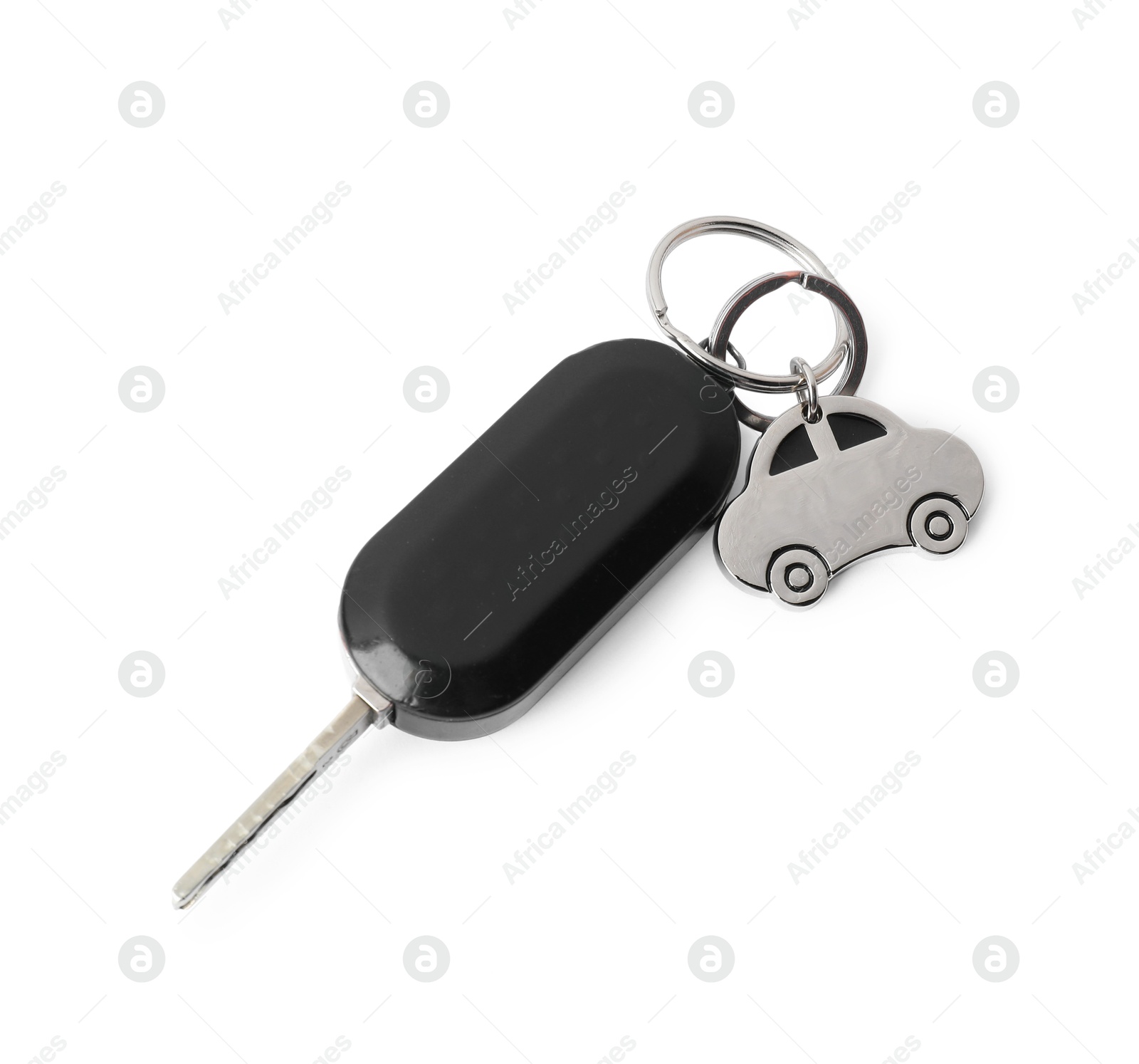 Photo of Car key with keychain isolated on white, top view. Buying auto