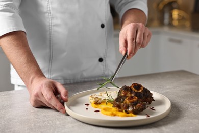 Photo of Professional chef serving dish at table indoors, closeup