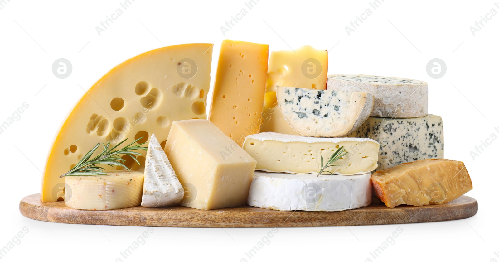 Photo of Different types of cheese and rosemary isolated on white