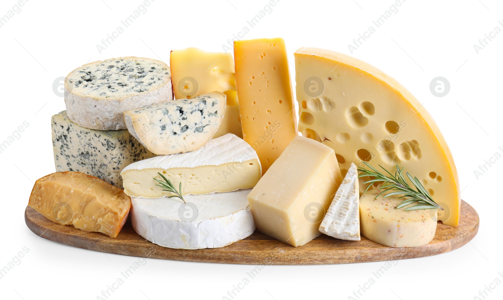 Photo of Different types of cheese and rosemary isolated on white