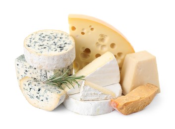 Photo of Different types of cheese and rosemary isolated on white