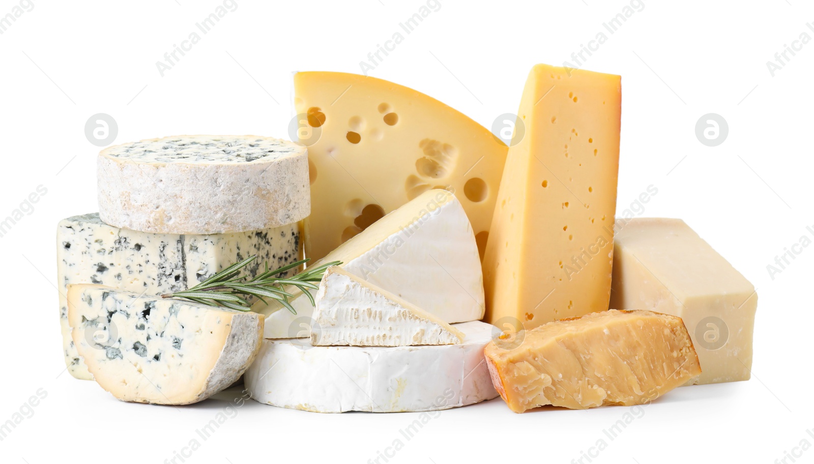 Photo of Different types of cheese and rosemary isolated on white