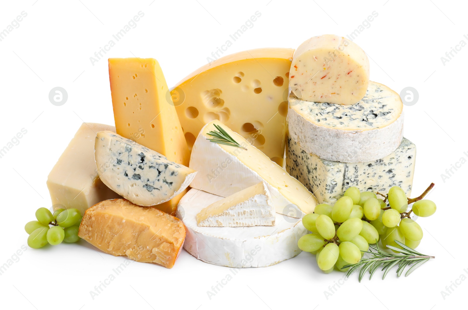 Photo of Different types of cheese, grapes and rosemary isolated on white