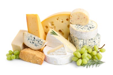 Different types of cheese, grapes and rosemary isolated on white