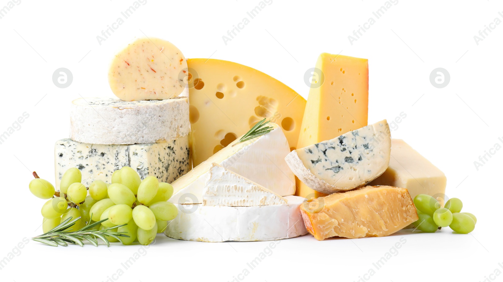 Photo of Different types of cheese, grapes and rosemary isolated on white