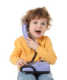 Photo of Cute little boy with telephone on white background