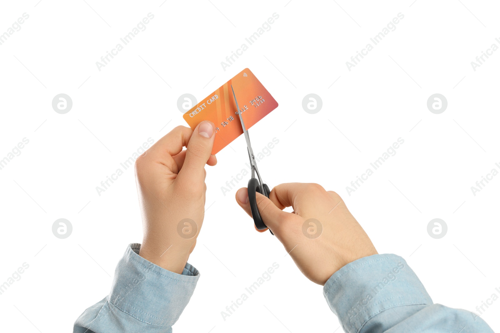 Photo of Woman cutting credit card on white background, closeup