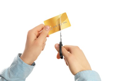 Photo of Woman cutting credit card on white background, closeup