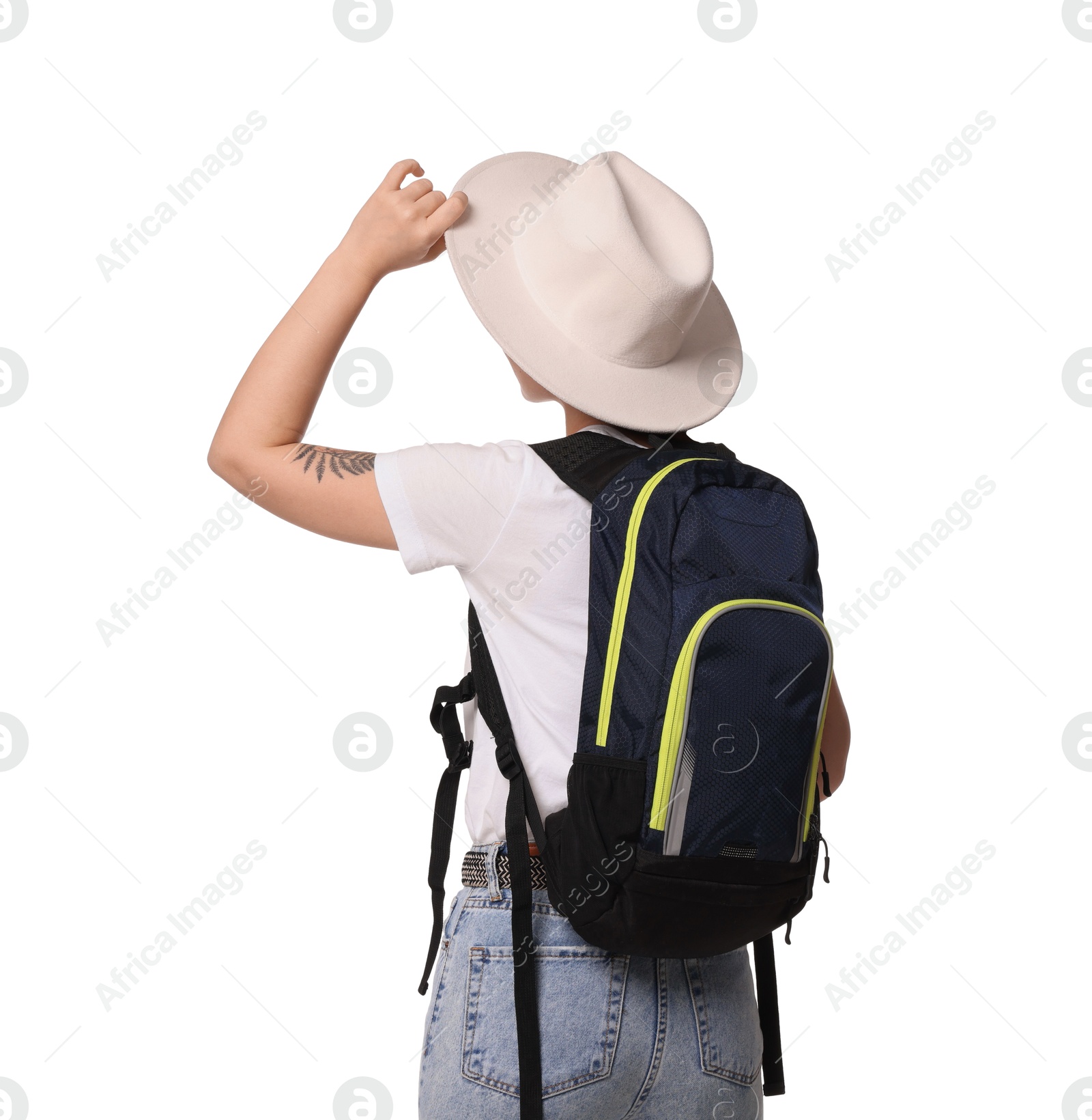 Photo of Traveller in hat with backpack on white background, back view