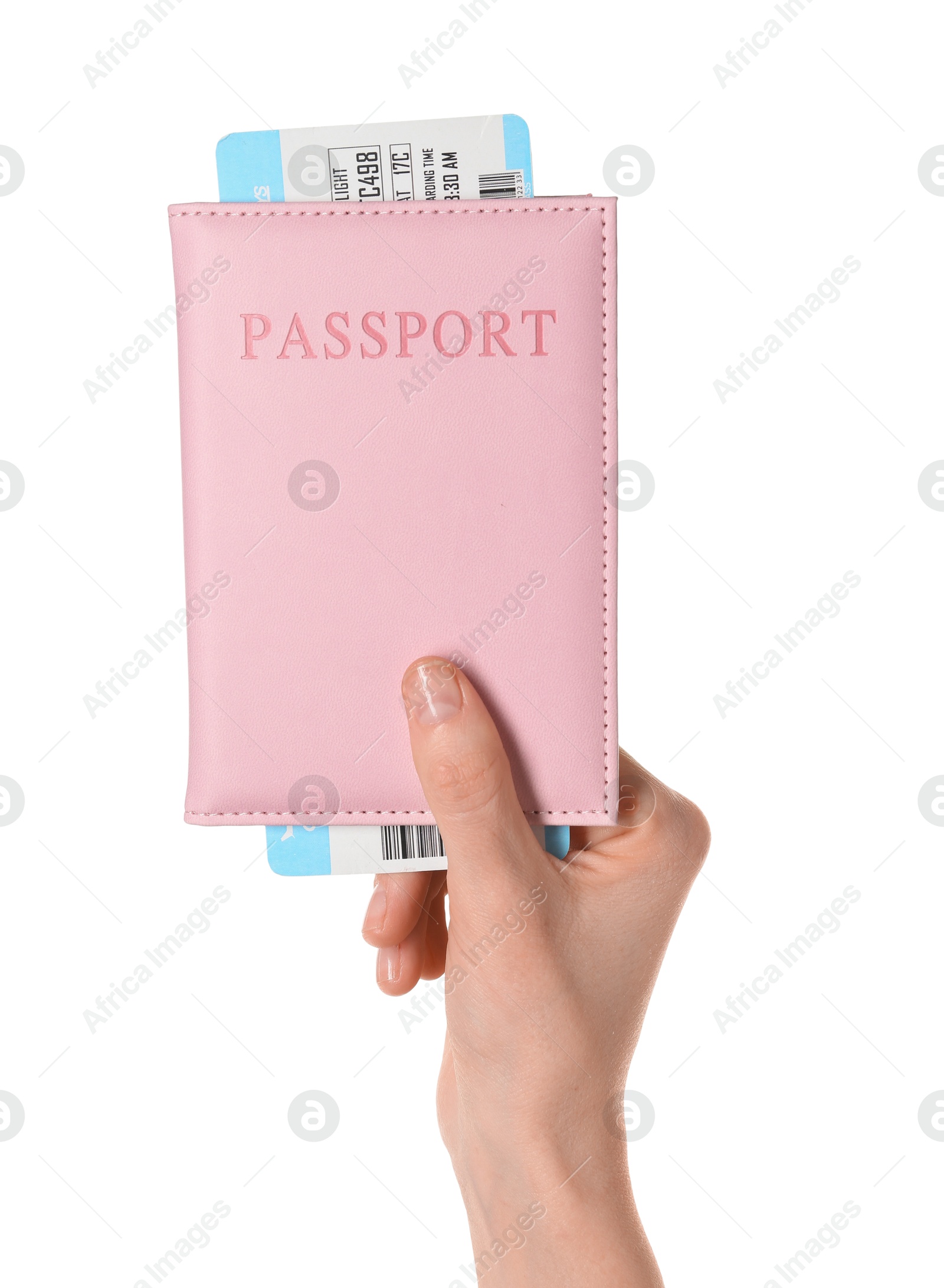 Photo of Woman holding passport with ticket on white background, closeup