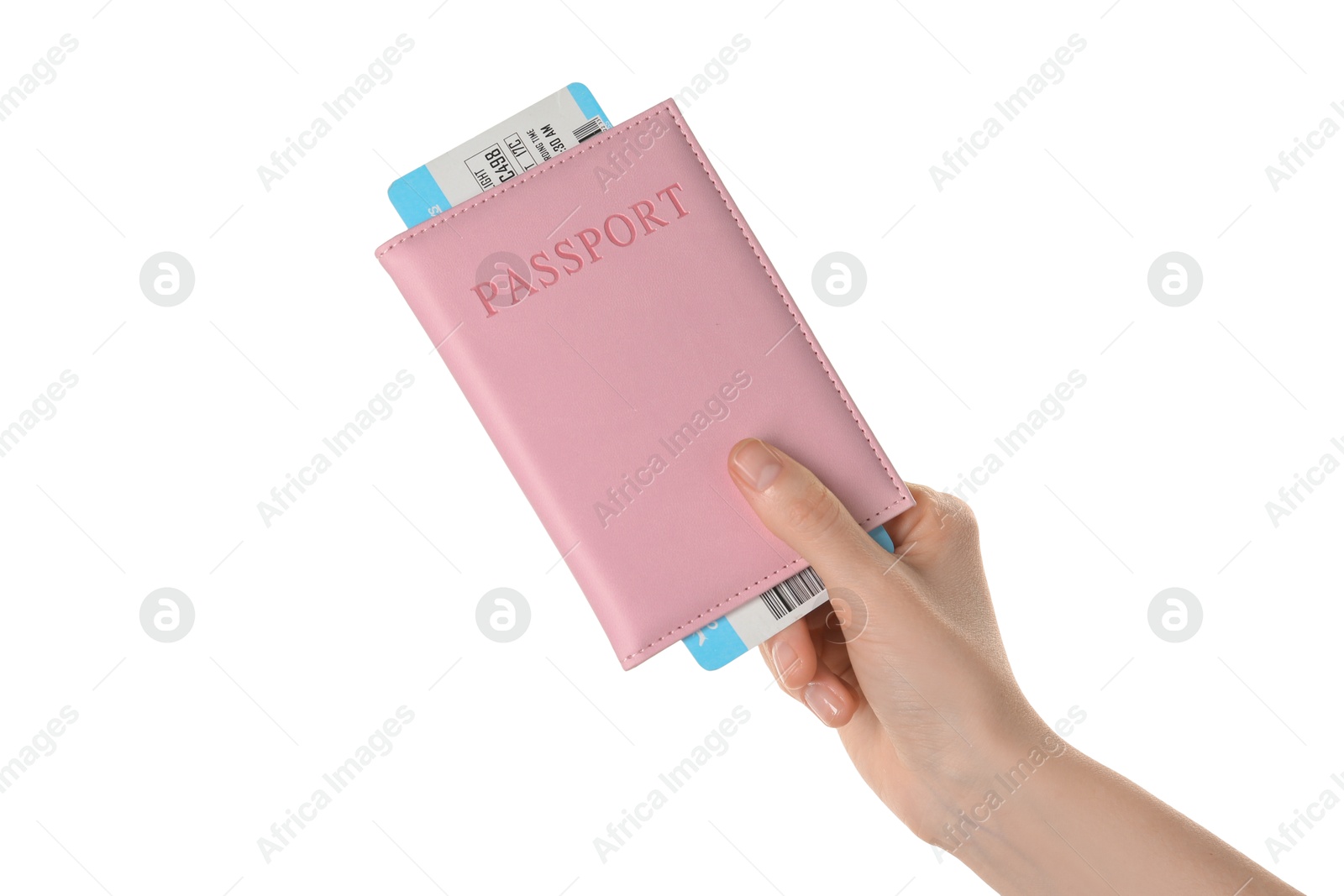 Photo of Woman holding passport with ticket on white background, closeup