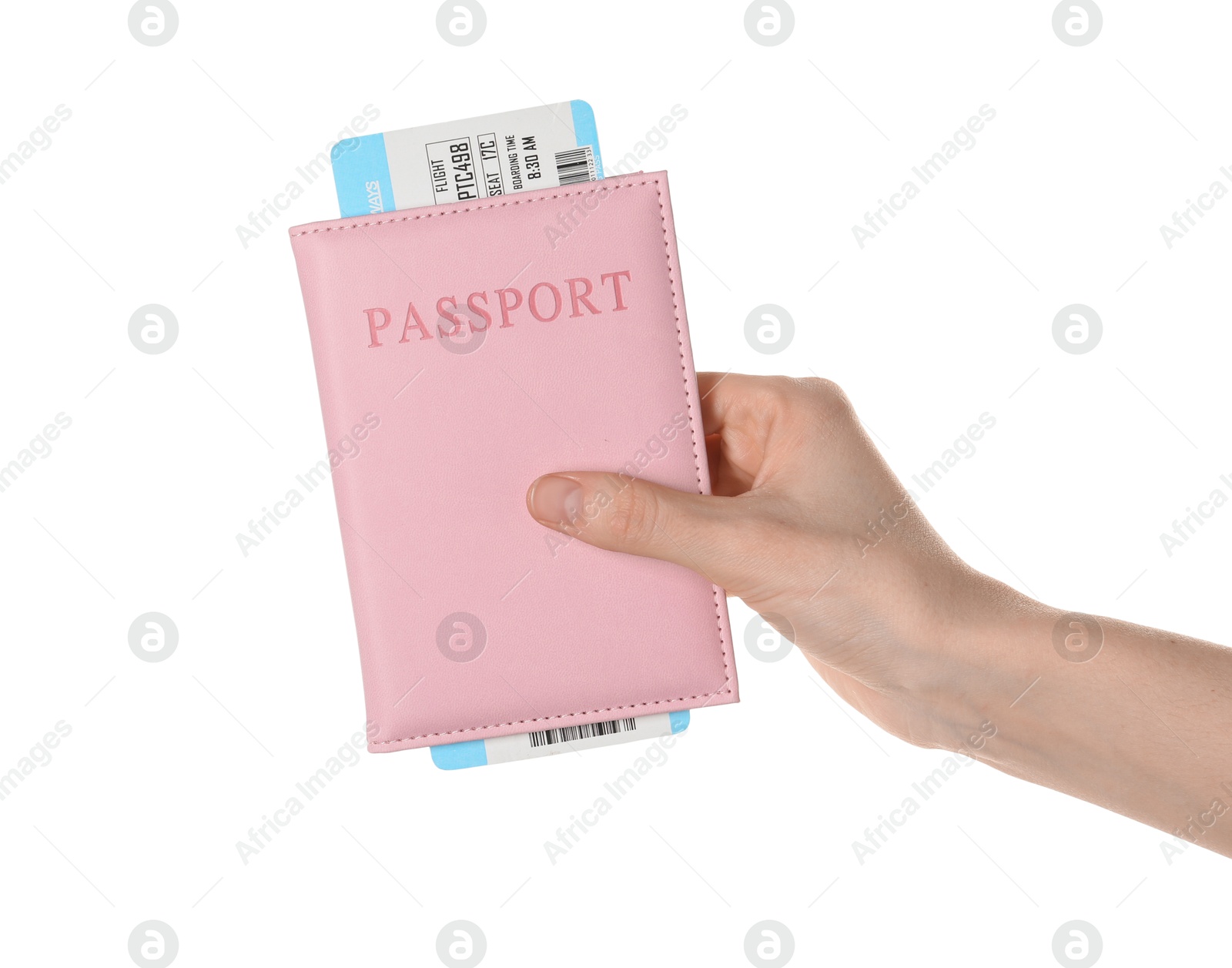 Photo of Woman holding passport with ticket on white background, closeup