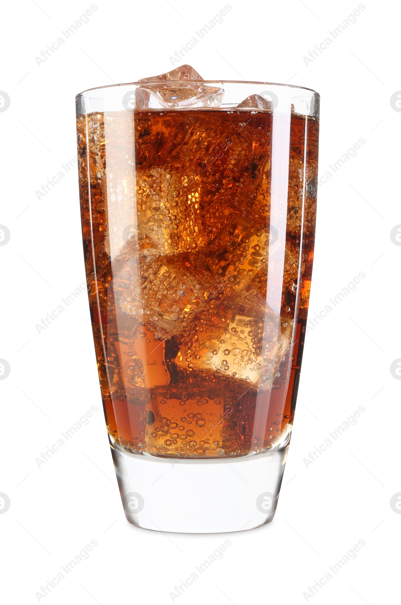 Photo of Sweet soda water with ice cubes in glass isolated on white