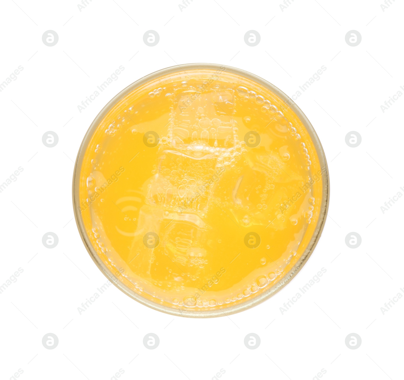 Photo of Sweet soda water with ice cubes in glass isolated on white, top view