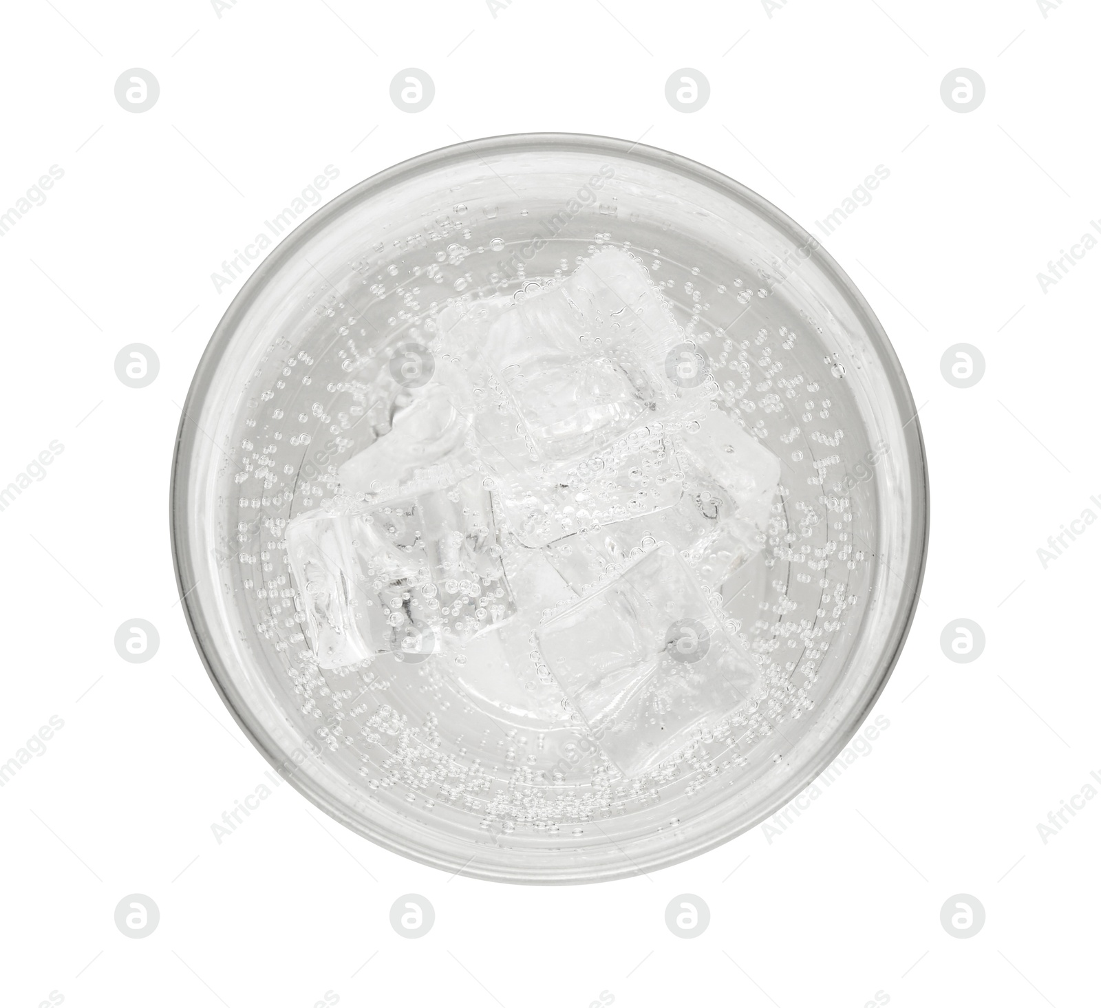 Photo of Soda water with ice cubes in glass isolated on white, top view