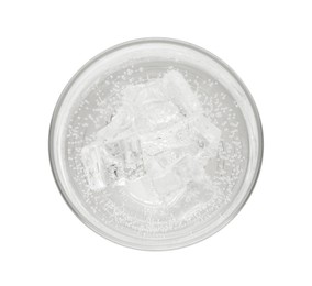 Photo of Soda water with ice cubes in glass isolated on white, top view