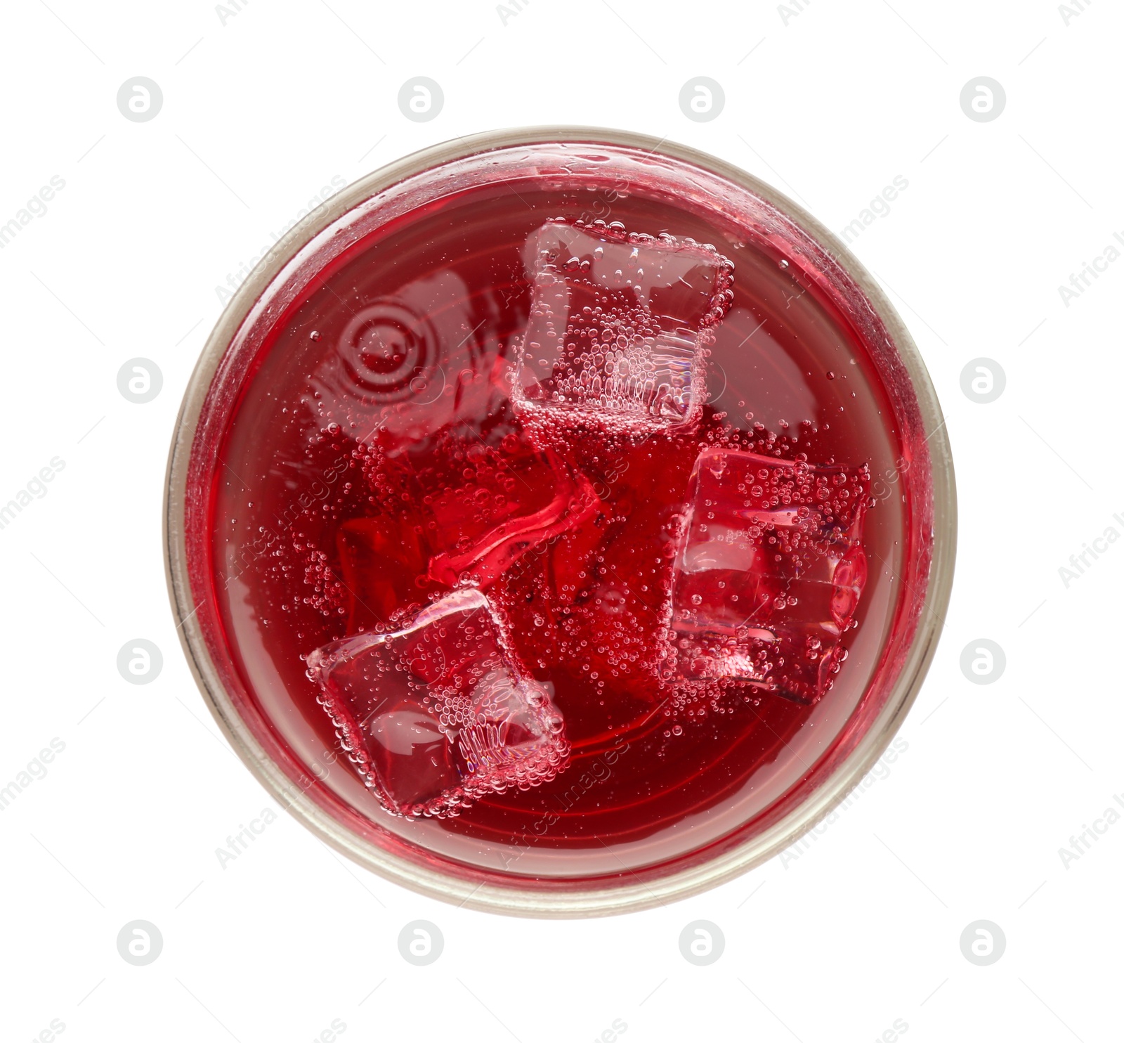 Photo of Sweet soda water with ice cubes in glass isolated on white, top view