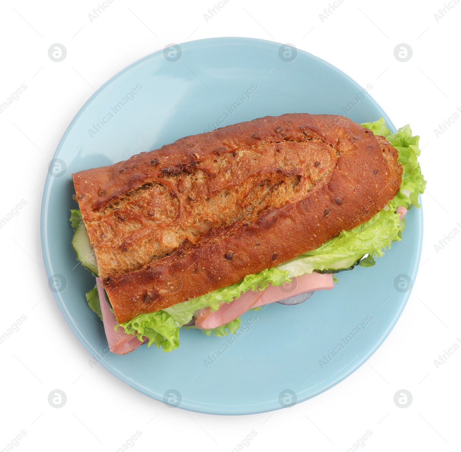 Photo of Baguette sandwich with ham isolated on white, top view