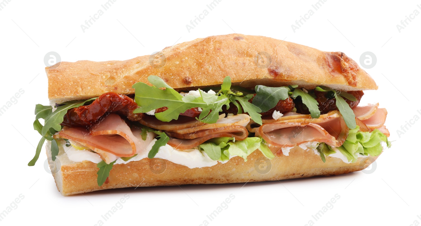 Photo of Baguette sandwich with ham and sun dried tomatoes isolated on white