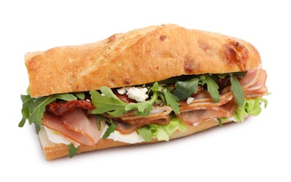 Photo of Baguette sandwich with ham and sun dried tomatoes isolated on white