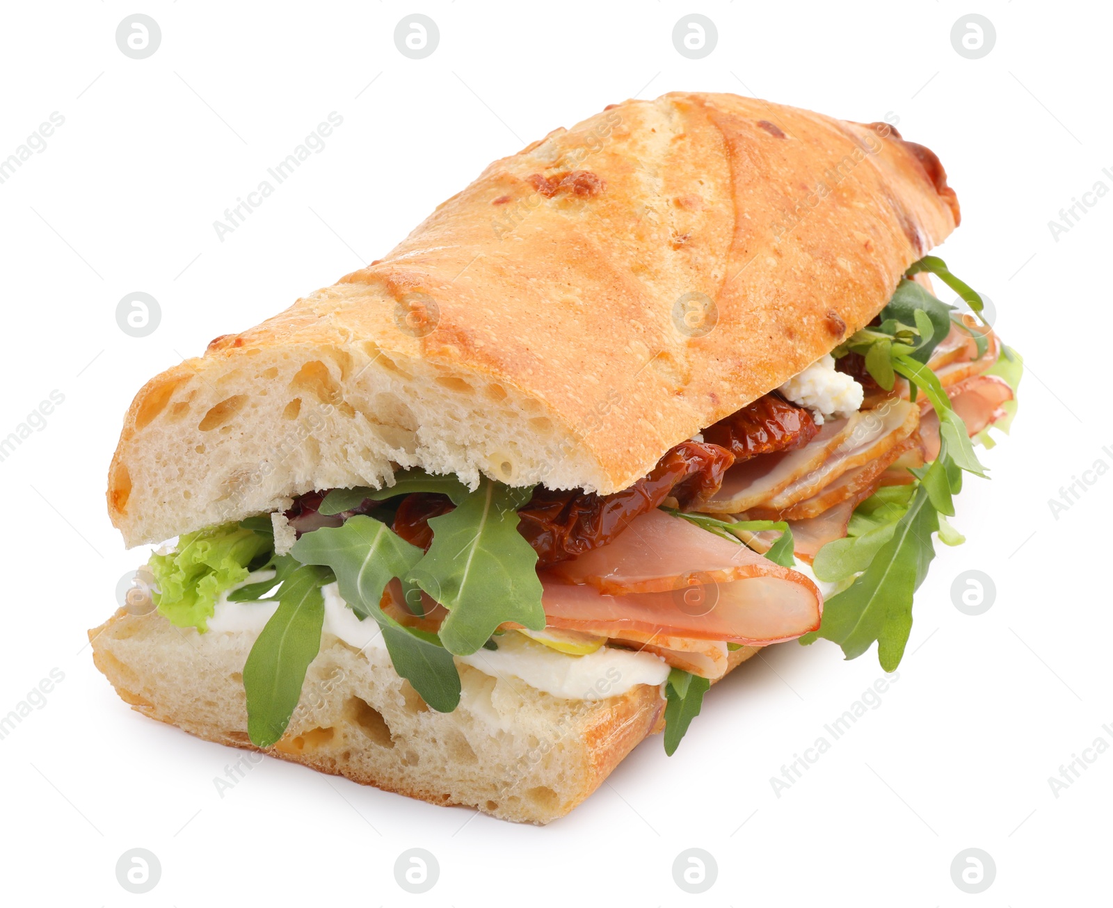 Photo of Baguette sandwich with ham and sun dried tomatoes isolated on white